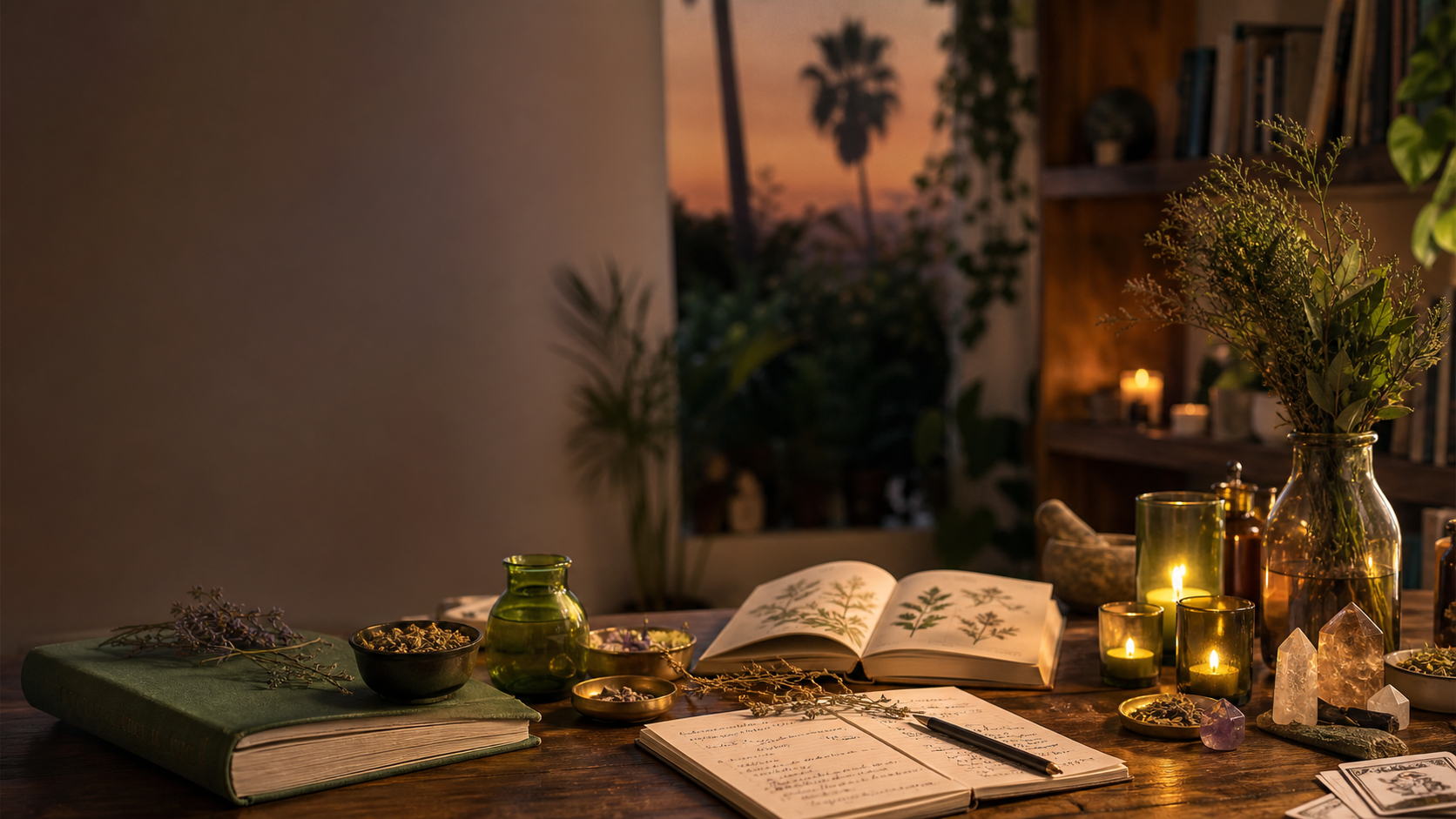 A candlelit study table with botanical books, herbs, notes, crystals, and Los Angeles palms at dusk.